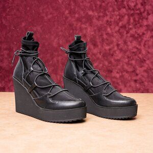 Steve Madden Women Atomic Black Leather Wedge Fashion Ankle Boots Size 8.5